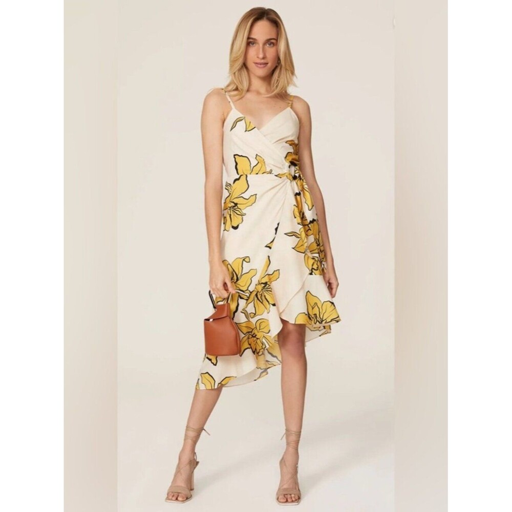 Hutch Mercer Dress Yellow Floral Print Sleeveless Wrap Asymmetric Ruffles Mini
